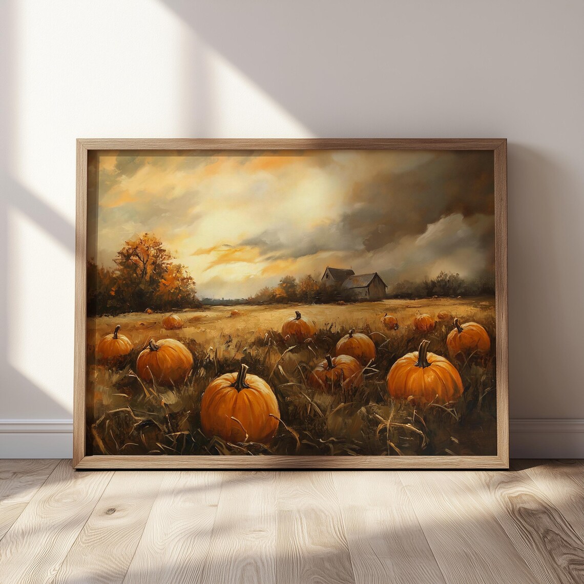 Golden Sunset Pumpkin Field Rustic Barn Autumn Glow Painting Poster