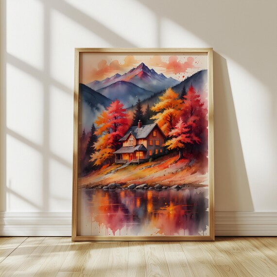 Autumn Lakeside Cabin Watercolor Fall Foliage Mountain Art Poster
