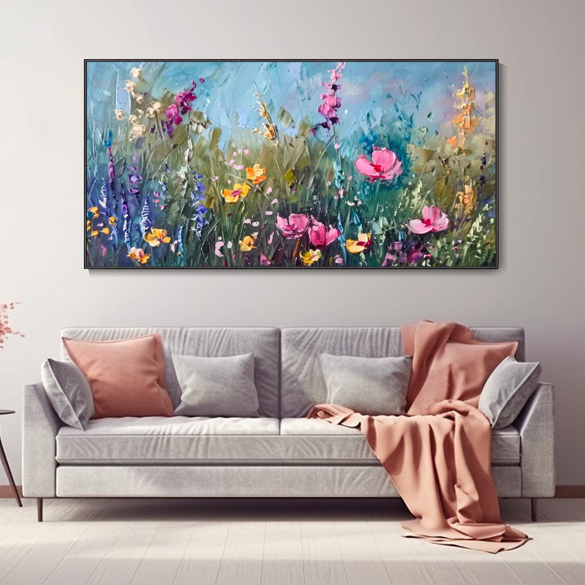Spring Wildflowers Oil Painting Pink Yellow Blooms Meadow Art Poster