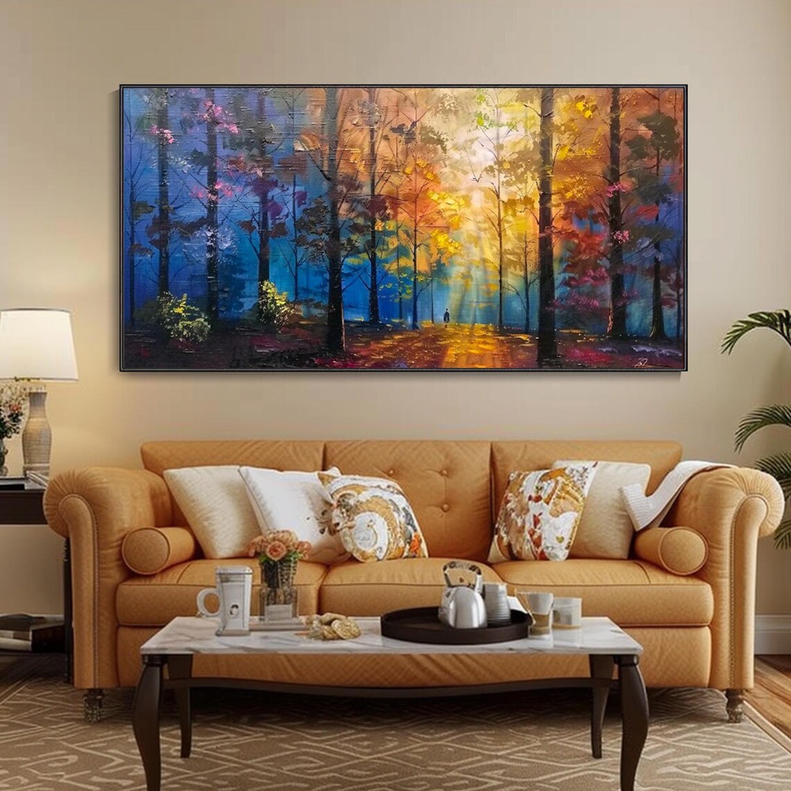 Autumn Forest Sunbeams Oil Painting Golden Light Woodland Path Poster