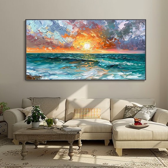 Seascape Sunrise Oil Painting, Bedroom Decor Art Print