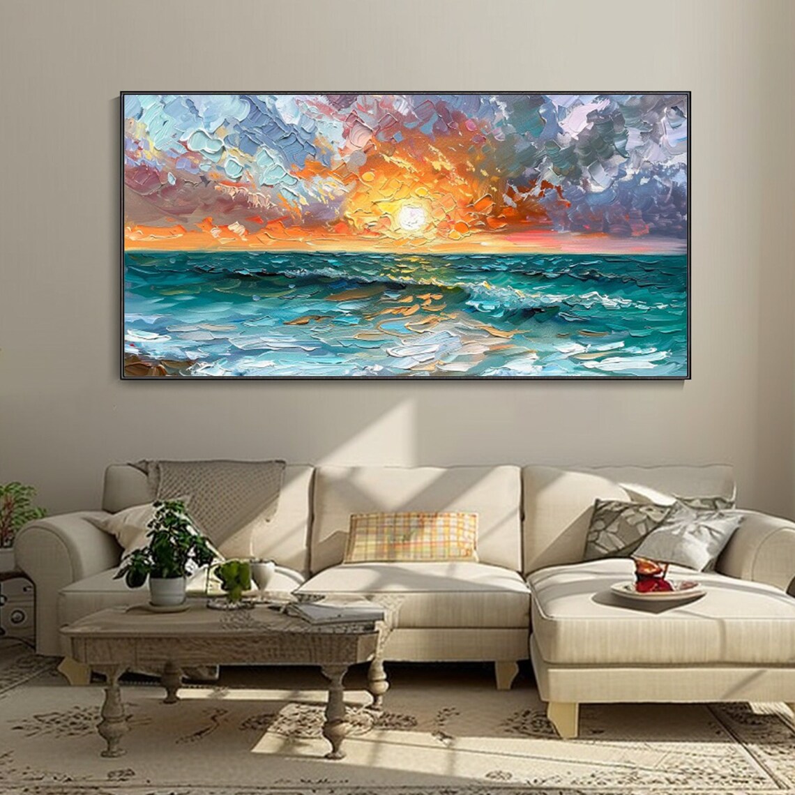 Seascape Sunrise Oil Painting, Bedroom Decor Art Print
