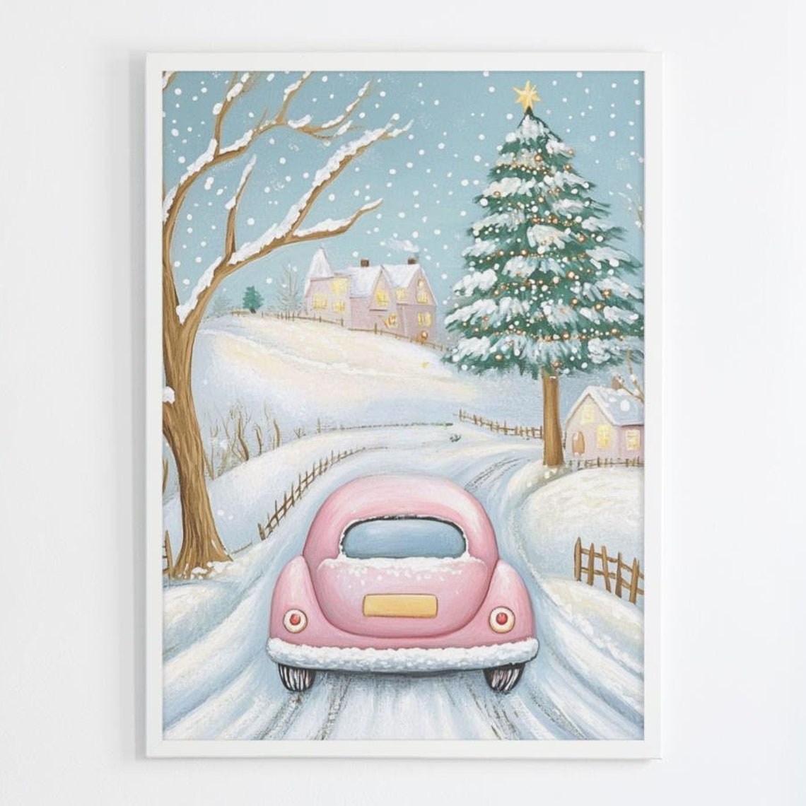 Holiday Pink Christmas Wall Art Pastel Watercolor Print Snowy Pink Car Christmas Village Painting Girly Holiday - Image 3