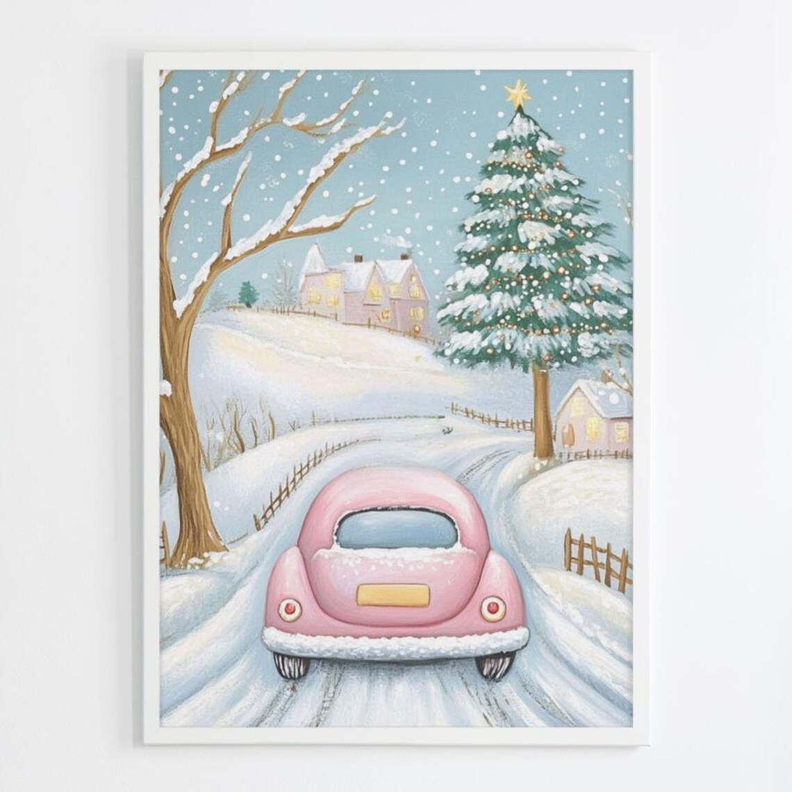 Pink Car Driving Down a Snowy Road Pastel Christmas Wall Art - Image 3