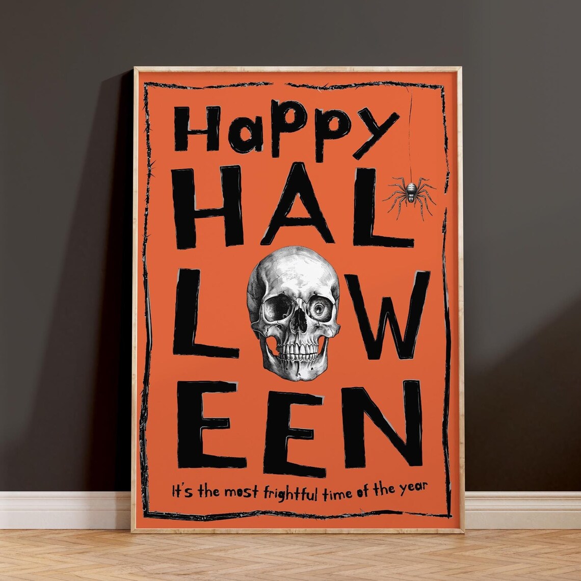 Happy Halloween Skull And Spider Bold Orange Spooky Wall Art