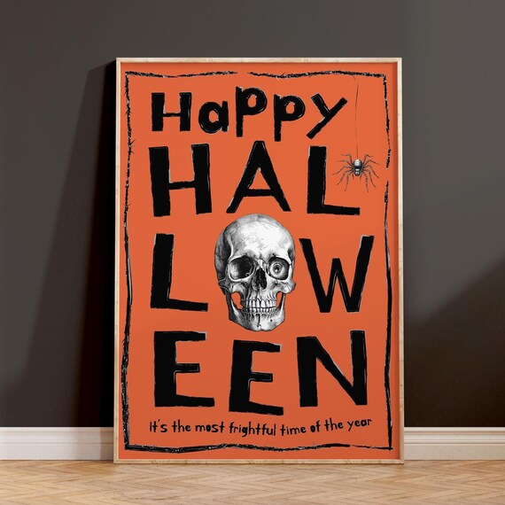 Happy Halloween Skull And Spider Bold Orange Spooky Wall Art
