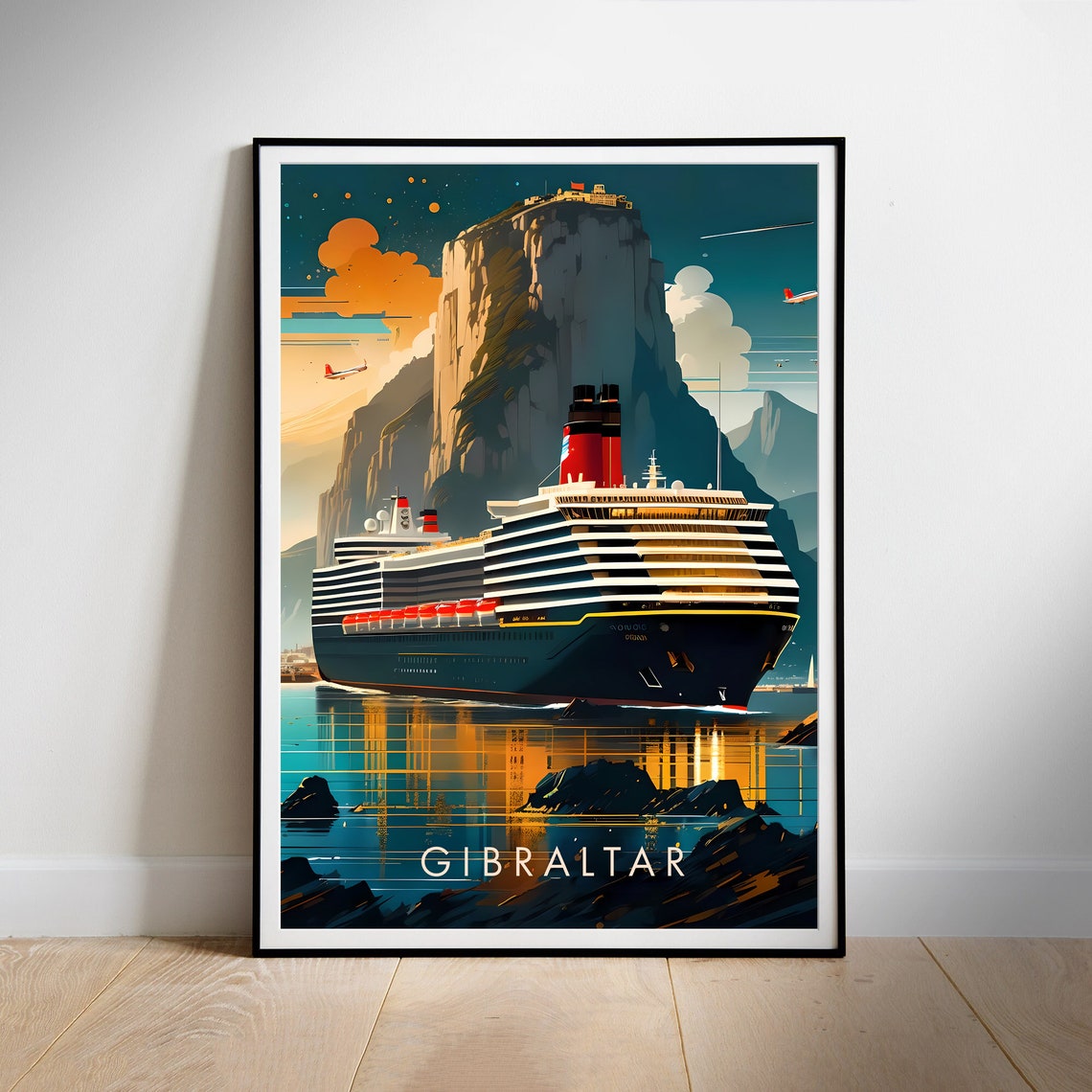 Gibraltar Rock Cruise Ship Sunset Harbor Evening Travel Poster