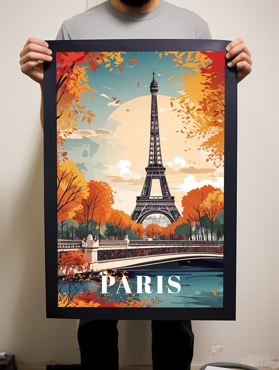 Paris France Eiffel Tower Autumn Foliage River Travel Poster - Image 2