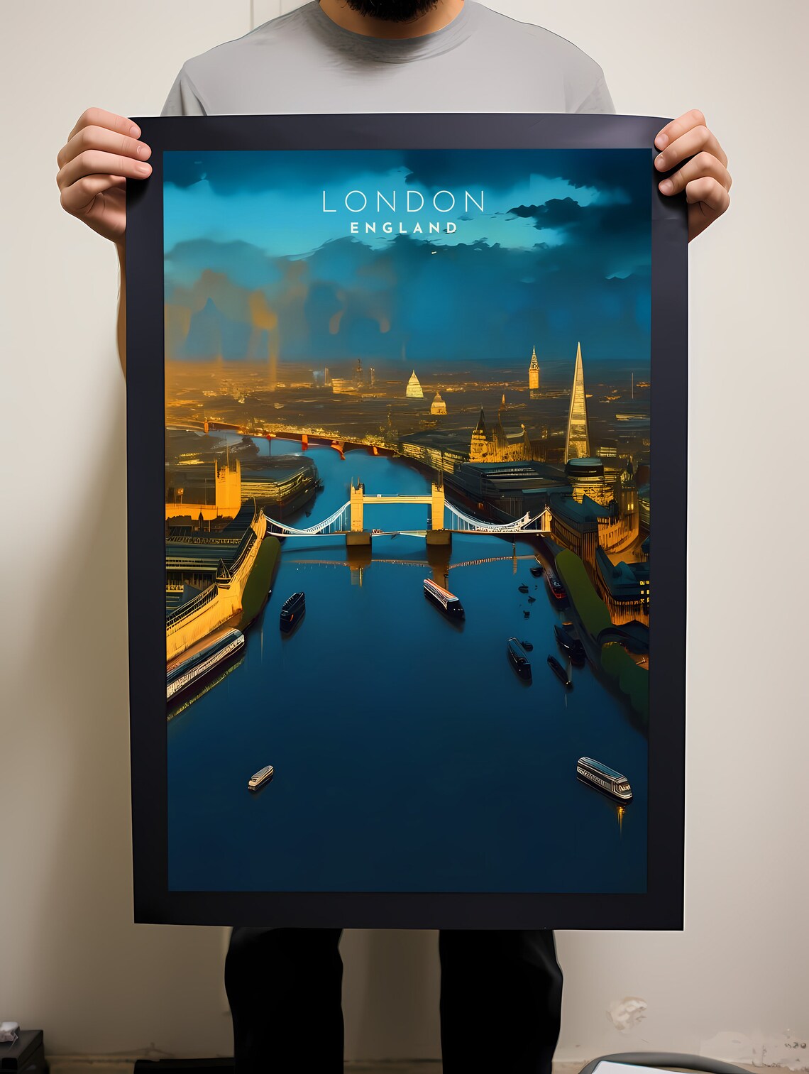 London Tower Bridge Thames Night Skyline England Travel Poster