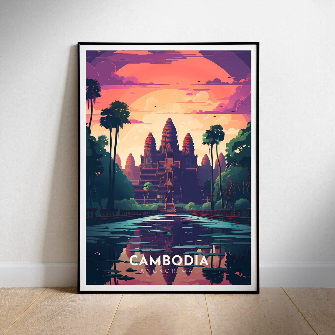 Cambodia Angkor Wat Temple Golden Sunset Reflection Travel Poster - Image 2