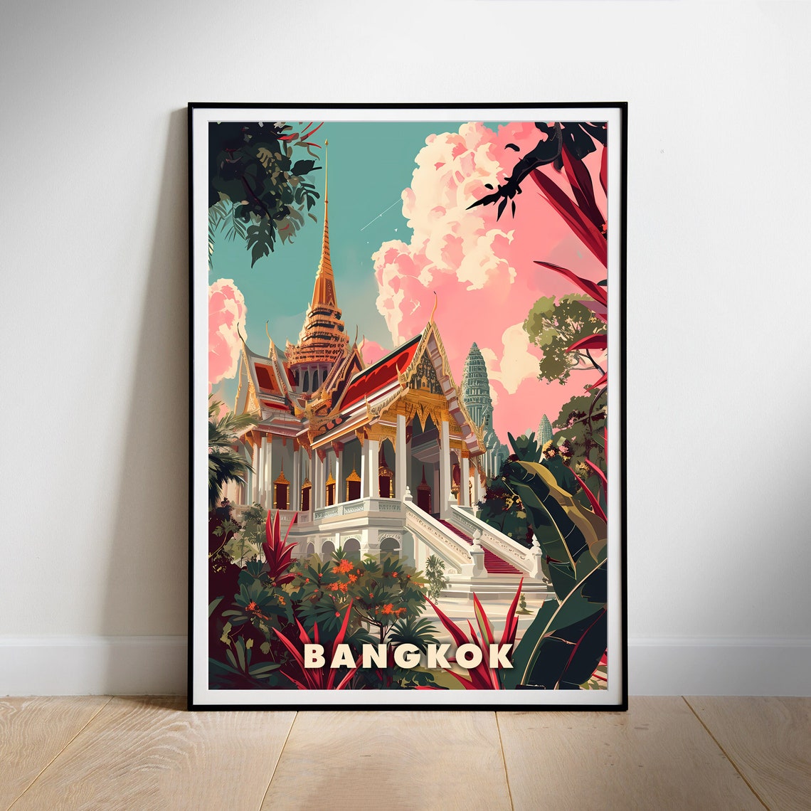 Bangkok Golden Thai Temple Illustration Pink Sky Travel Poster - Image 2