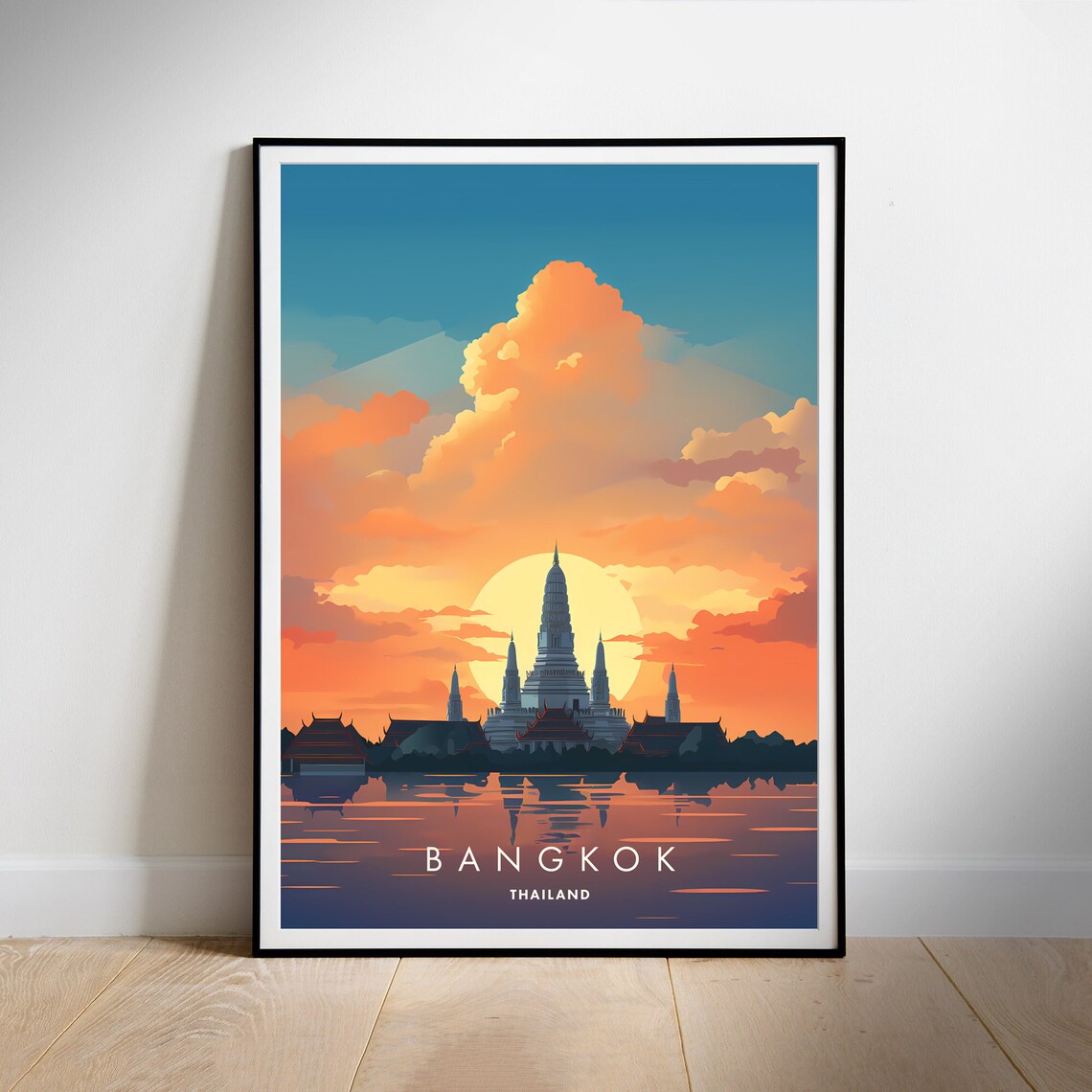 Bangkok Thailand Fiery Sunset Temple Skyline Vintage Travel Poster