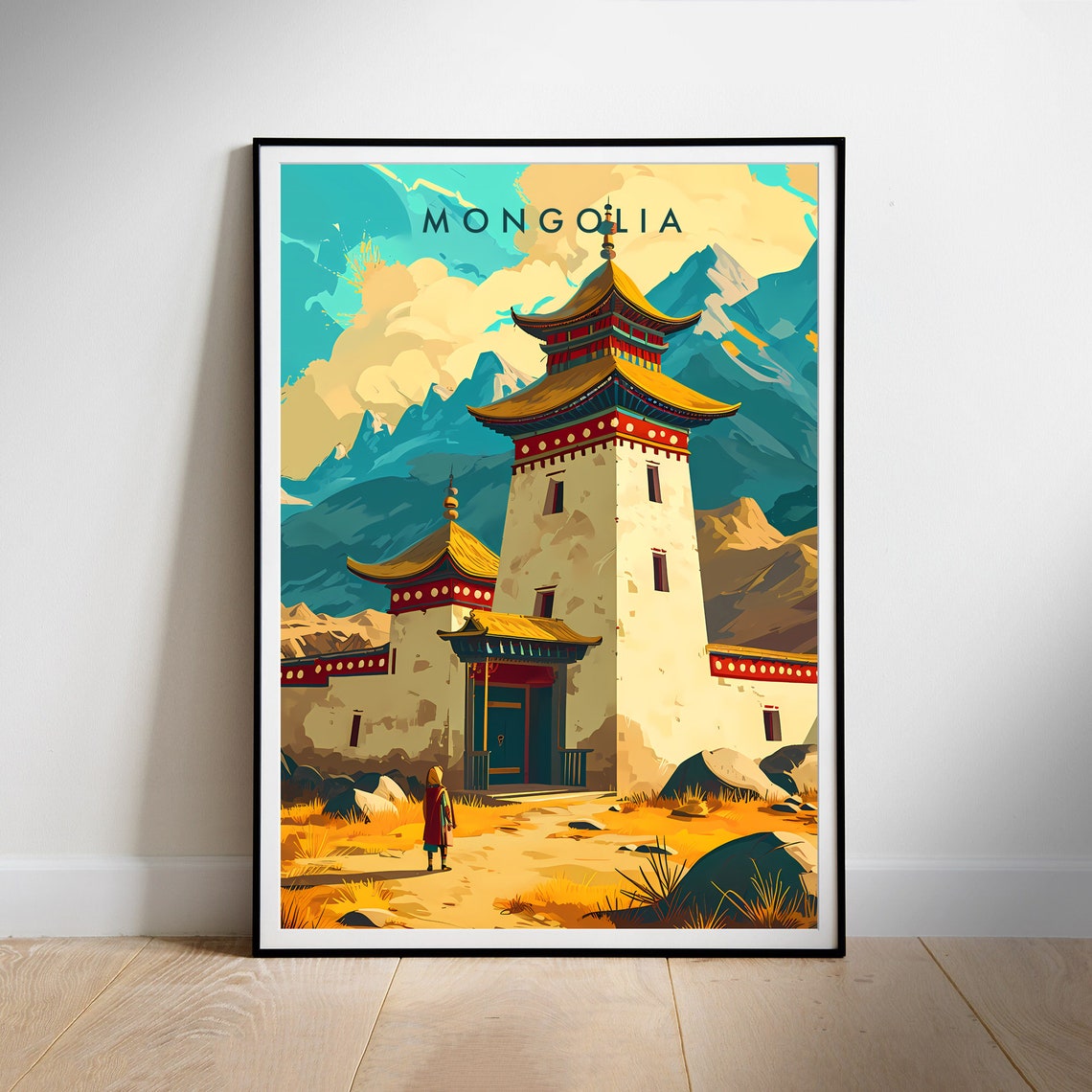 Mongolia Buddhist Monastery Mountain Valley Travel Illustration Poster