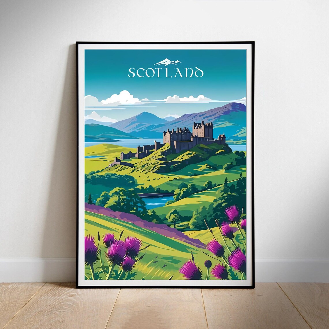Scotland Highland Castle and Loch Retro Style Travel Art Poster