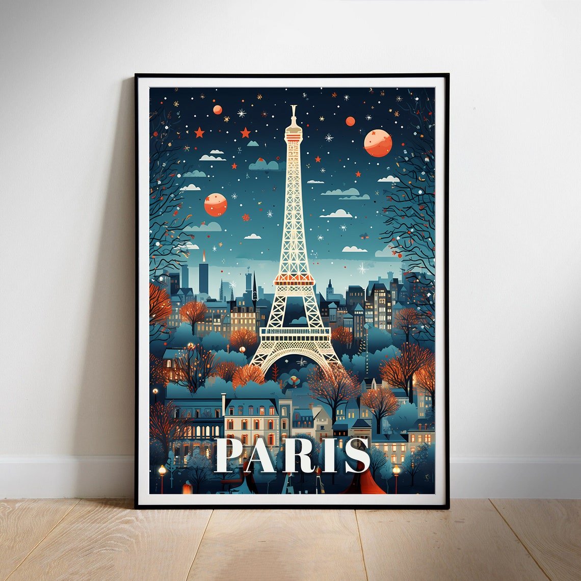 Paris Eiffel Tower Starry Night Sky Romantic Colorful Travel Poster