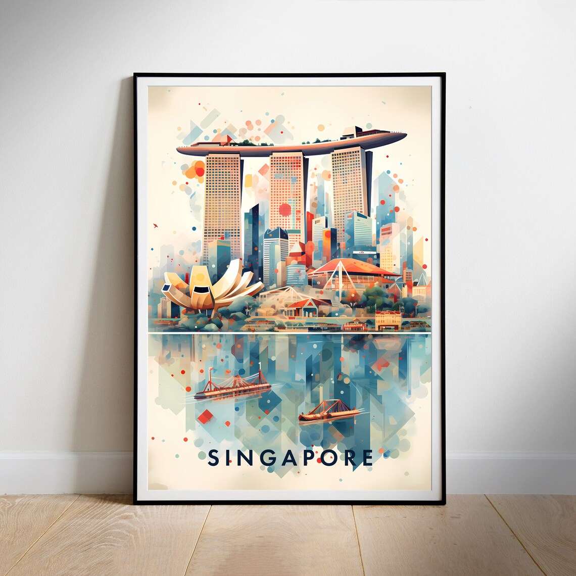 Singapore Marina Bay Skyline Colorful Geometric Art Travel Poster