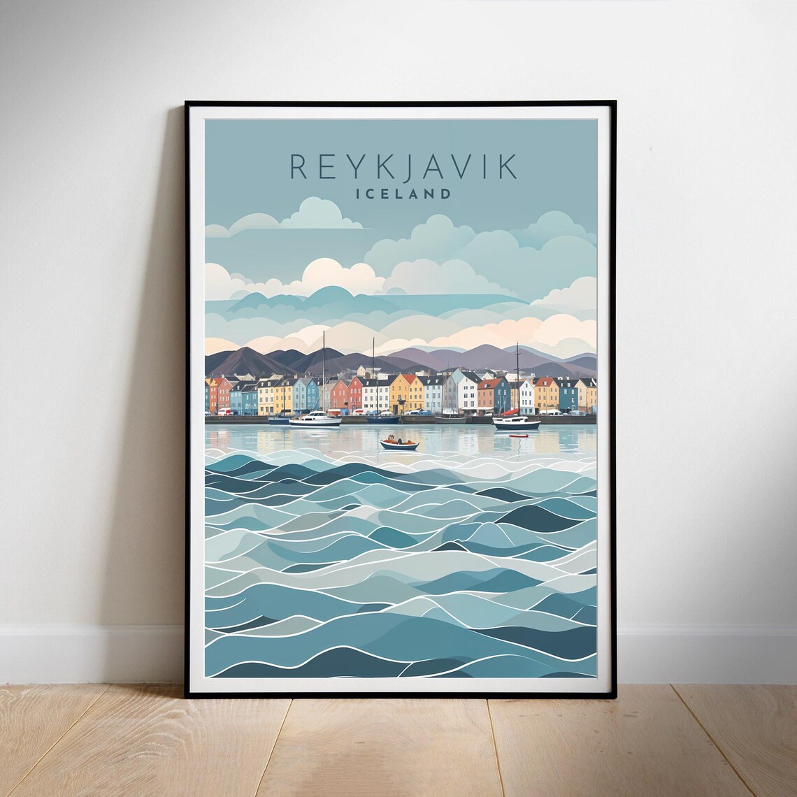 Reykjavik Iceland Colorful Harbor Illustrated Retro Travel Poster - Image 2