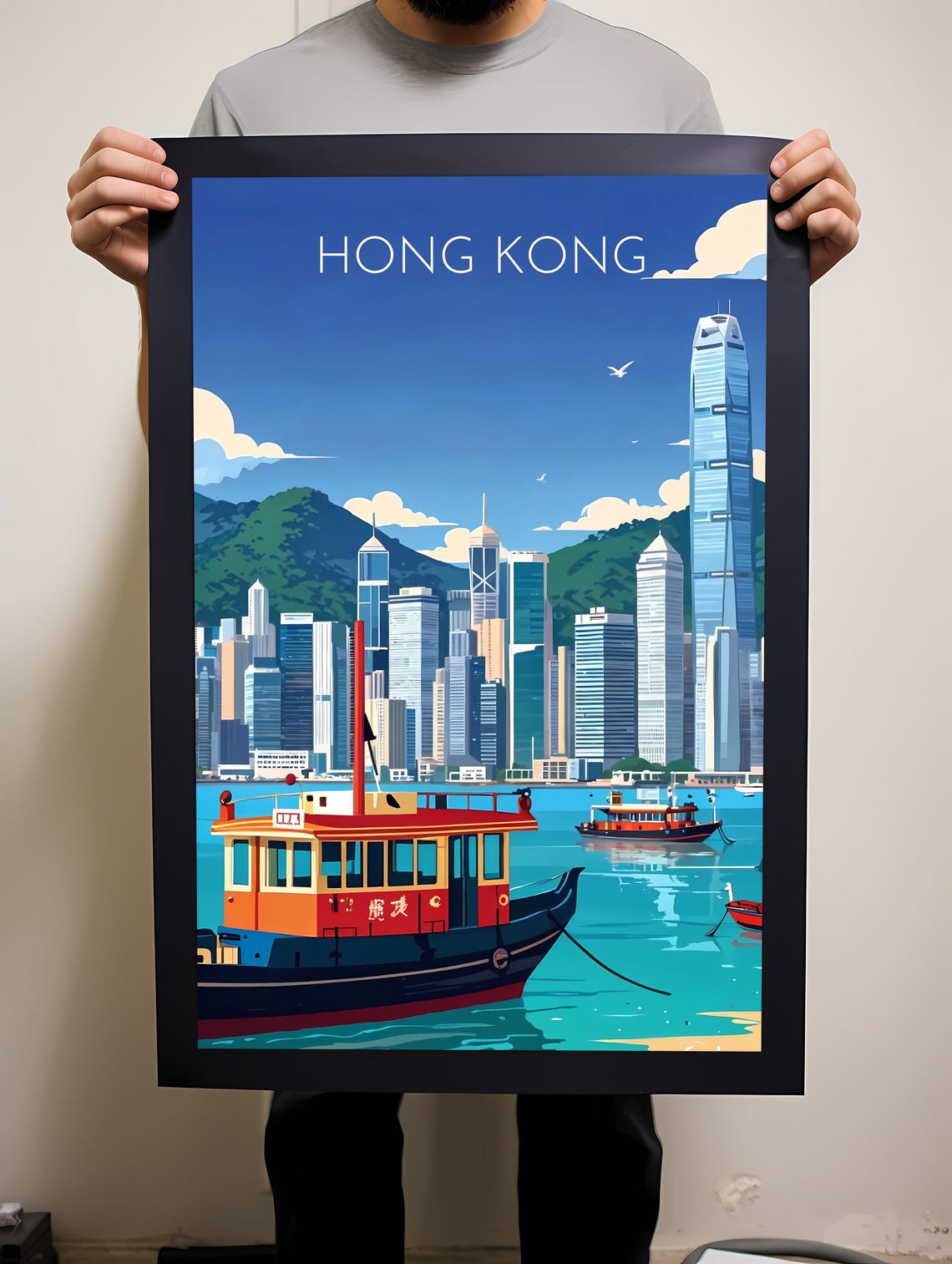 Classic Hong Kong Harbor Skyline Ferry Vintage Travel Poster - Image 2