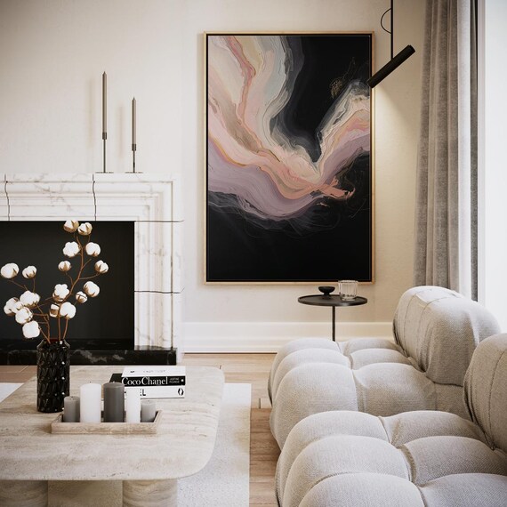 Pink Pastel Marble Waves on Black Elegant Abstract Canvas Wall Art