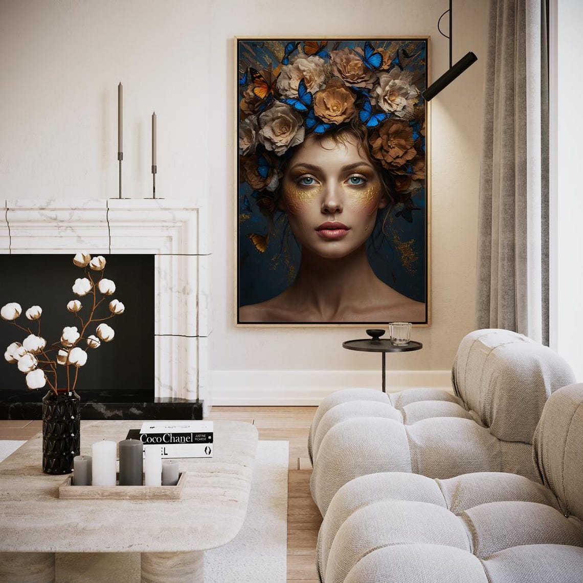 Floral Crown Woman Portrait Blue Butterfly Midnight Art Poster