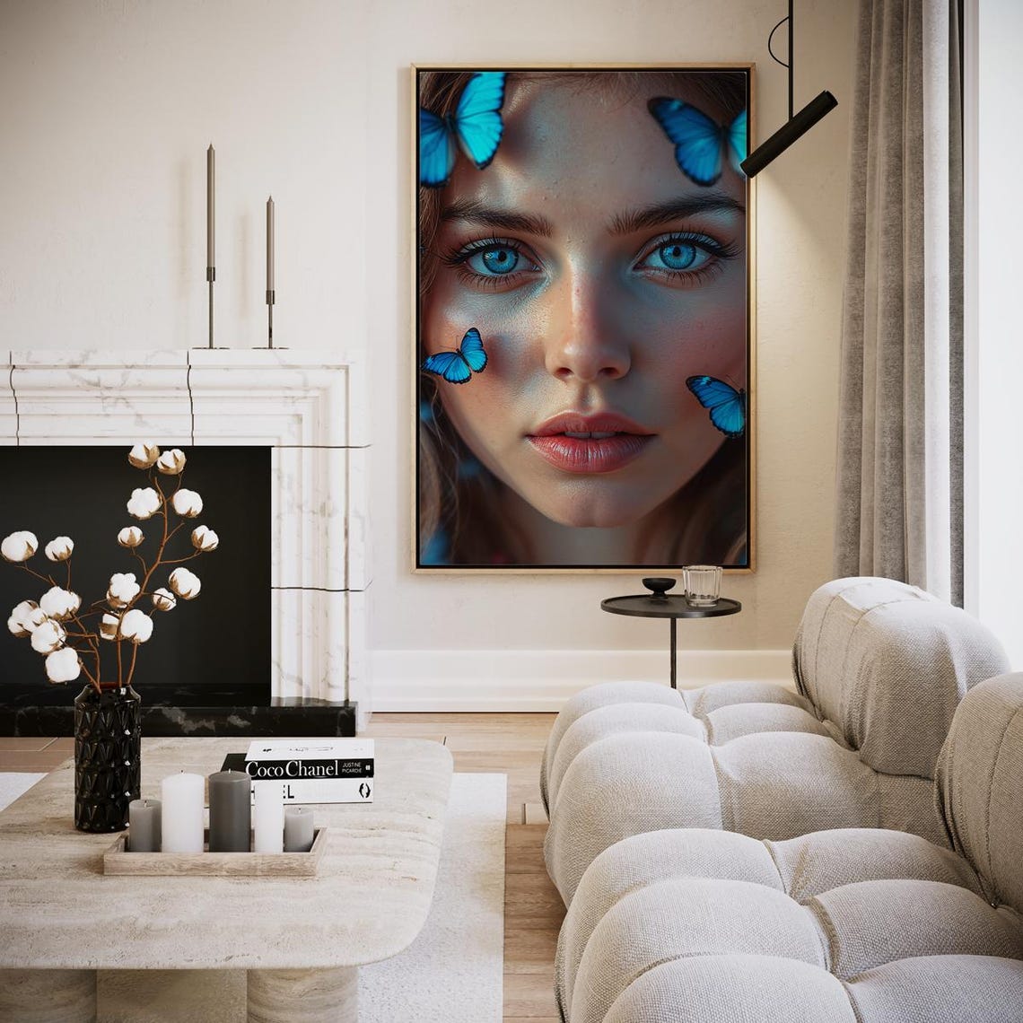 Blue Butterflies Beauty Portrait Surreal Blue Eyes Art Poster