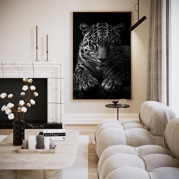 Majestic Leopard Black And White Close Up Wildlife Photography Art Poster