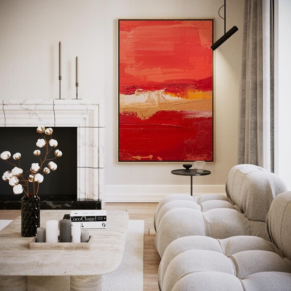 Fiery Red Gold Sunset Abstract Horizon Impasto Modern Art Poster