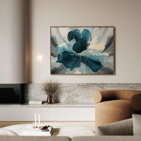 Abstract Teal Botanical Print Navy Flower Gold Accents Wall Decor