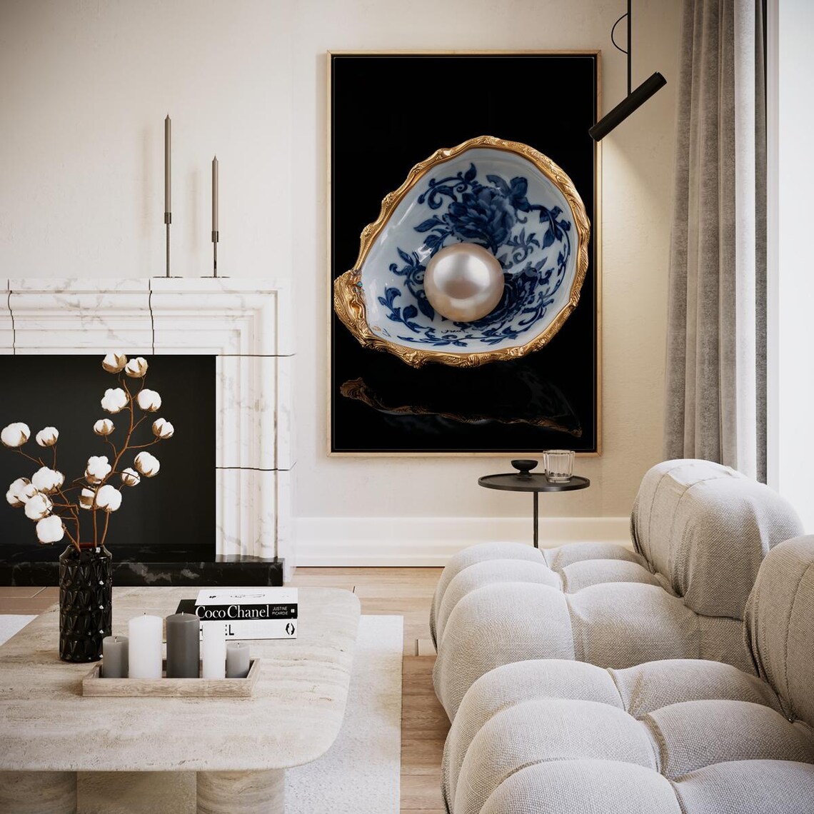 Pearl of Porcelain and Gold Oyster Shell Blue Floral Art Poster