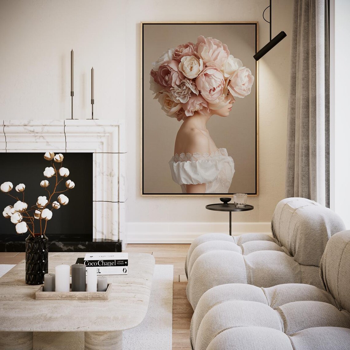 Pink Peony Bloom Woman Portrait Romantic Floral Elegant Wall Art