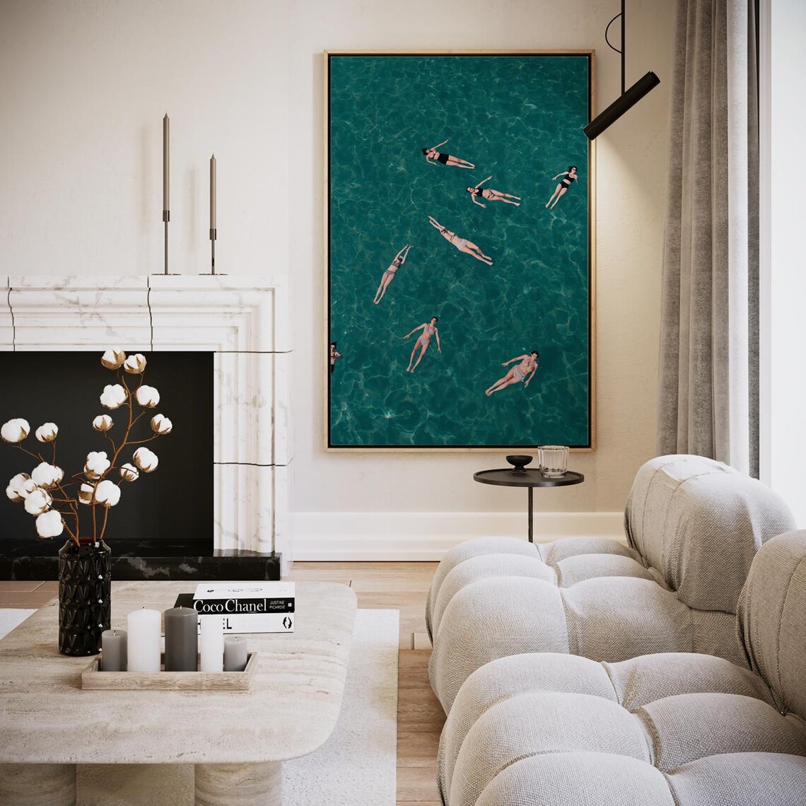 Swimmers Floating in Turquoise Sea Aerial Photography Art Print