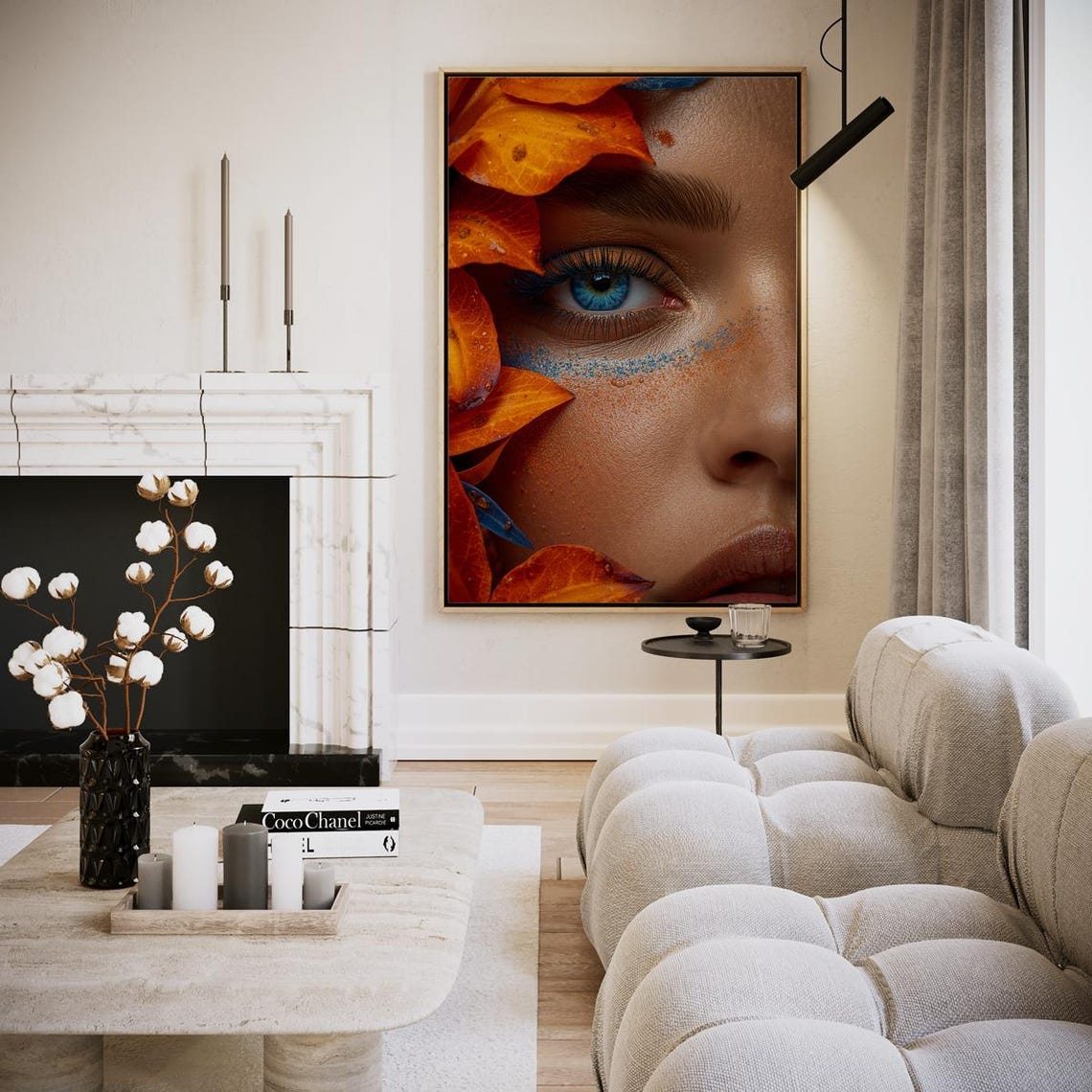 Dramatic Autumn Leaves Woman Face Blue Eye Close Up Artistic Poster