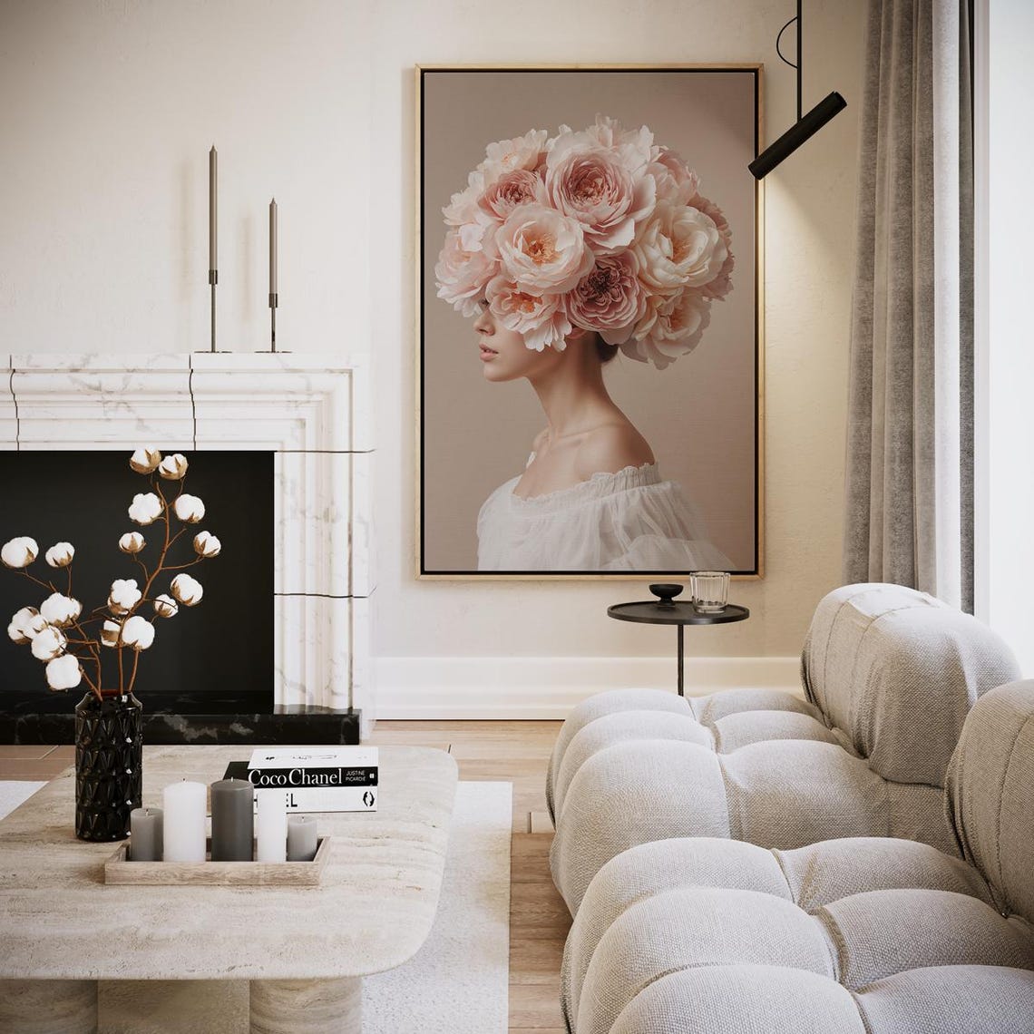 Blush Rose Floral Crown Woman Profile Portrait Elegant Wall Art