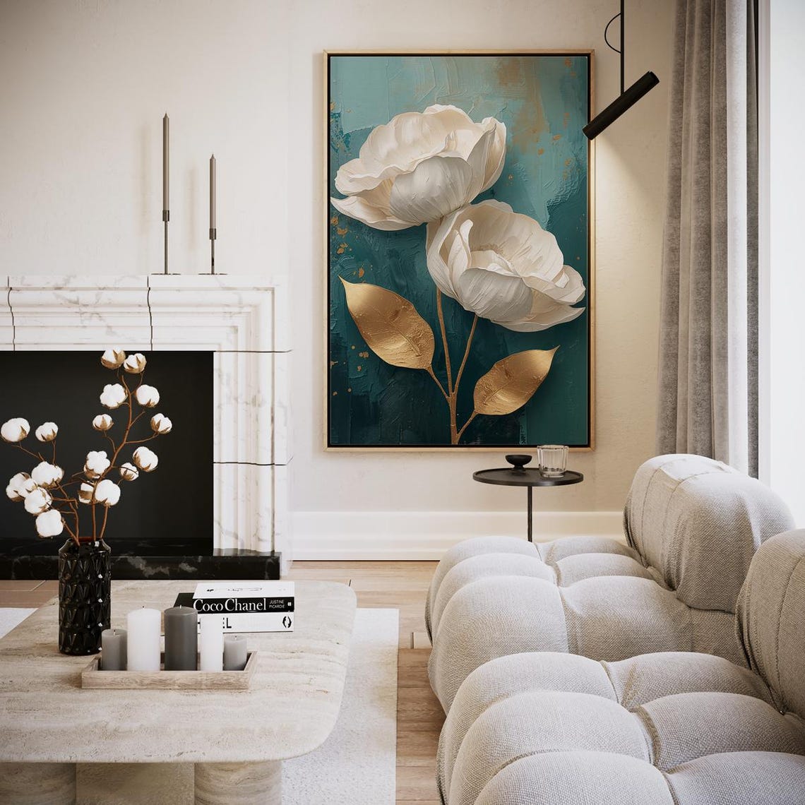 Golden Flower Dream Botanical Art Print with White Roses on Teal