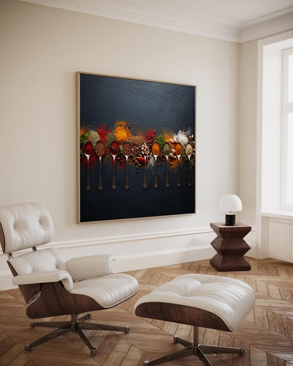Colorful Spice Spoons on Dark Background Modern Kitchen Art Poster