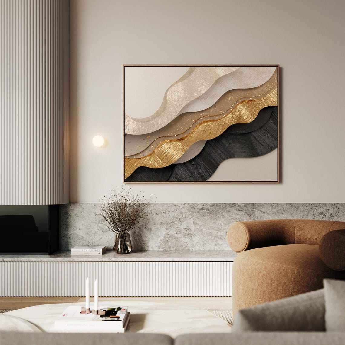 Flowing Gold Black and Cream Layered Waves Modern Abstract Poster