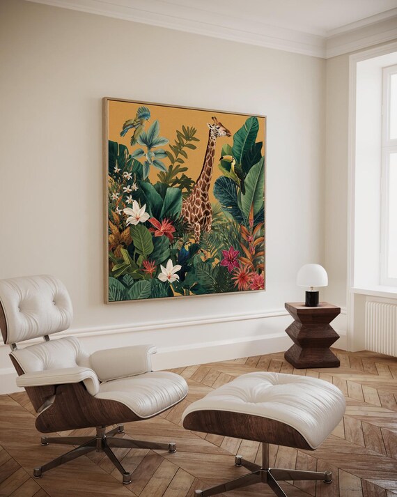 Savannah Zoo Giraffe Tropical Foliage Golden Jungle Animal Art Poster