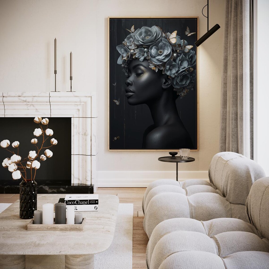 Black Woman Gray Roses Headdress Butterflies Dark Elegant Poster