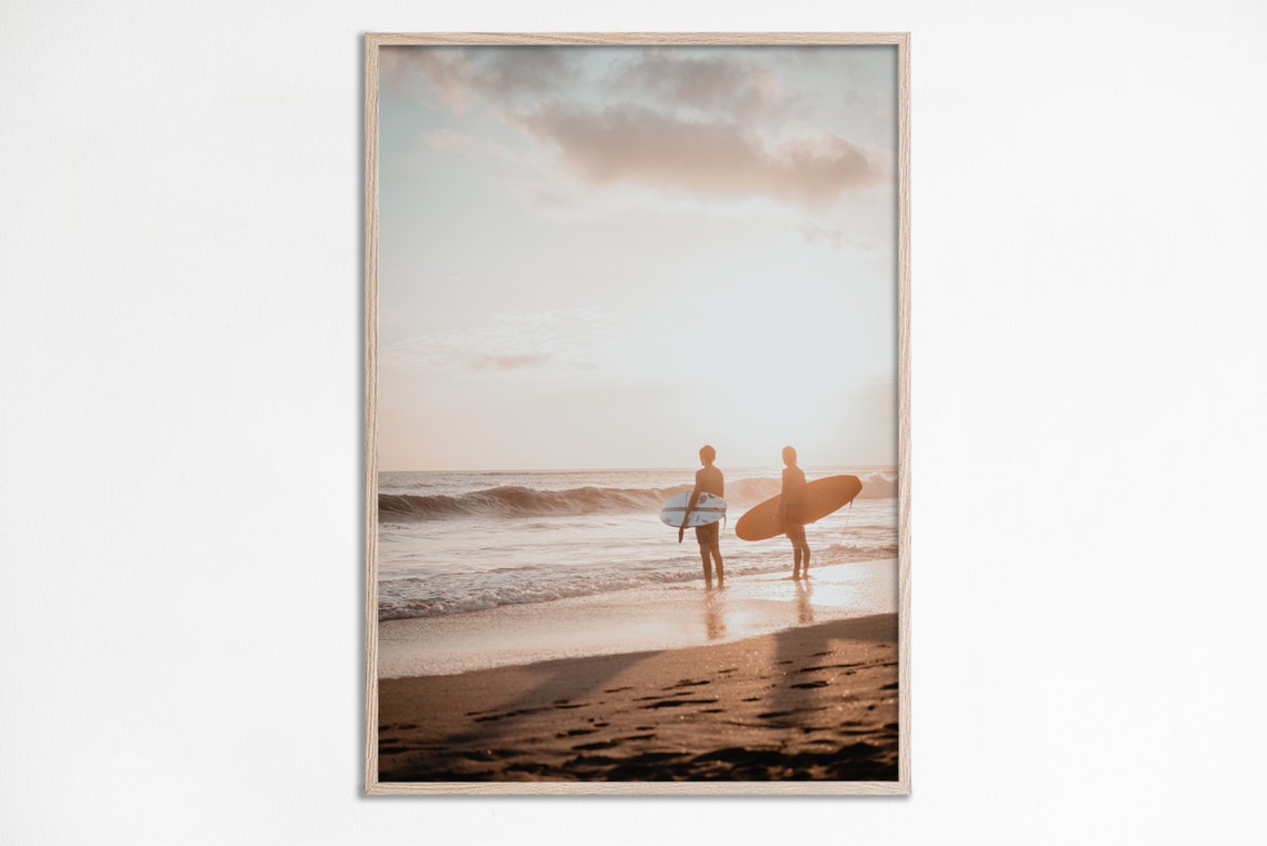 Surfers Sunset Beach Photography Poster Ocean Waves Golden Hour Art