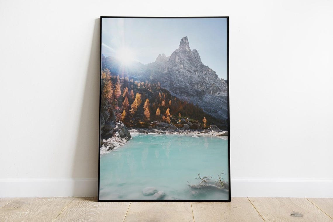 Turquoise Alpine Lake Photo Autumn Larches Mountain Peak Wall Poster