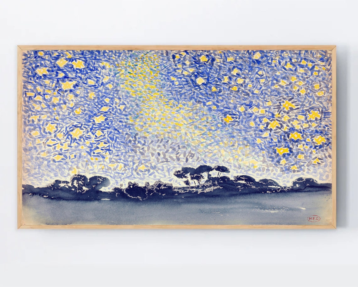 Samsung Frame Tv Art Landscape With Stars Night Sky Gallery Impressionist Painting Watercolor Abstract Modern