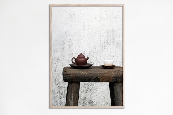 Rustic Teapot and Cup on Wooden Stool Minimal Still Life Poster