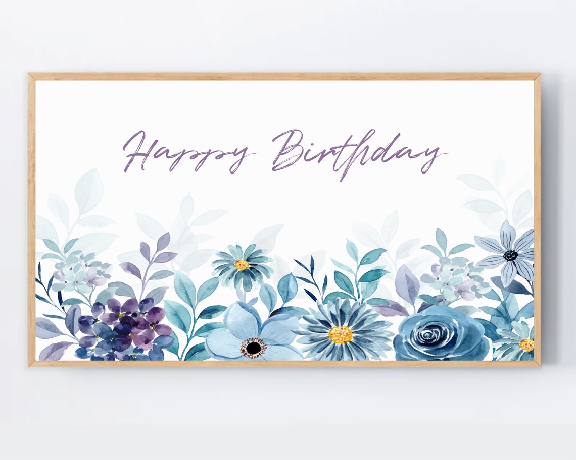 Happy Birthday Purple Script Blue Floral Watercolor Decor Poster