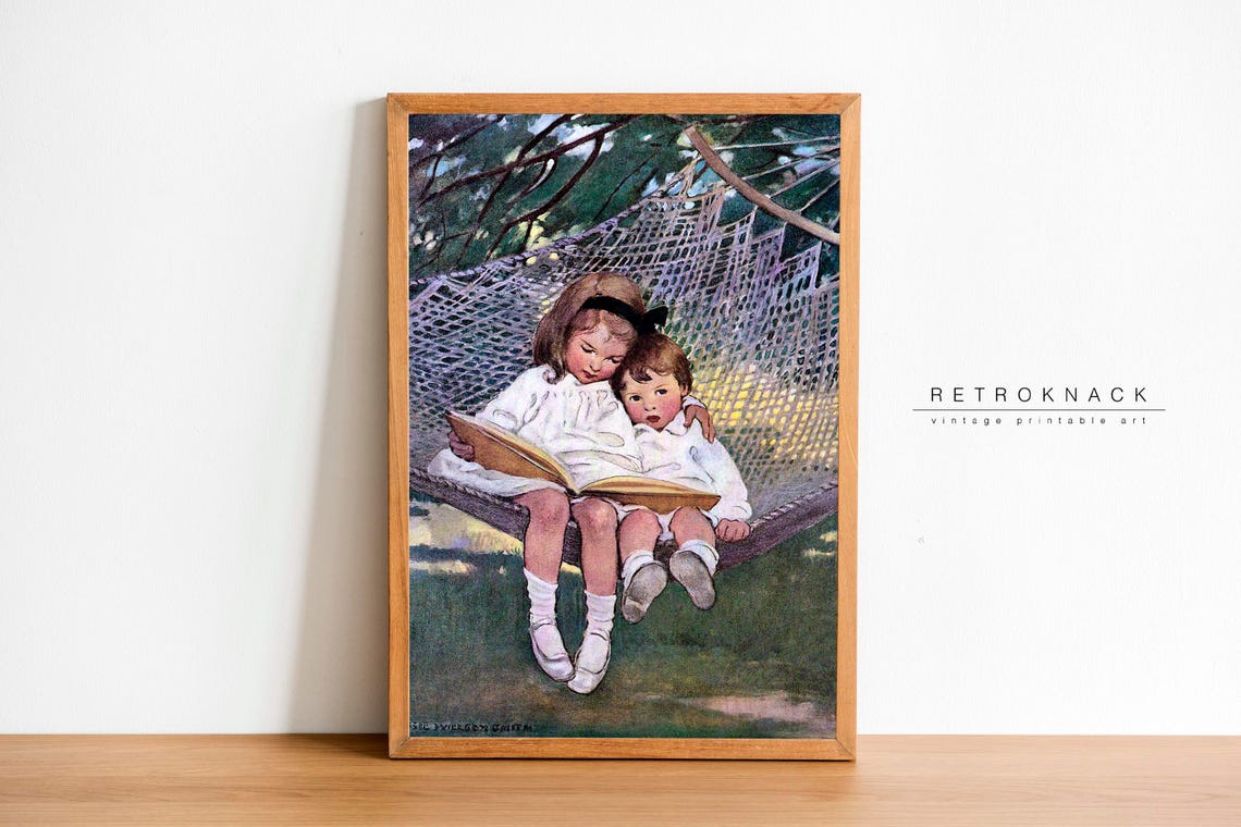Two Children Reading In A Hammock Vintage Illustration Poster - Image 3