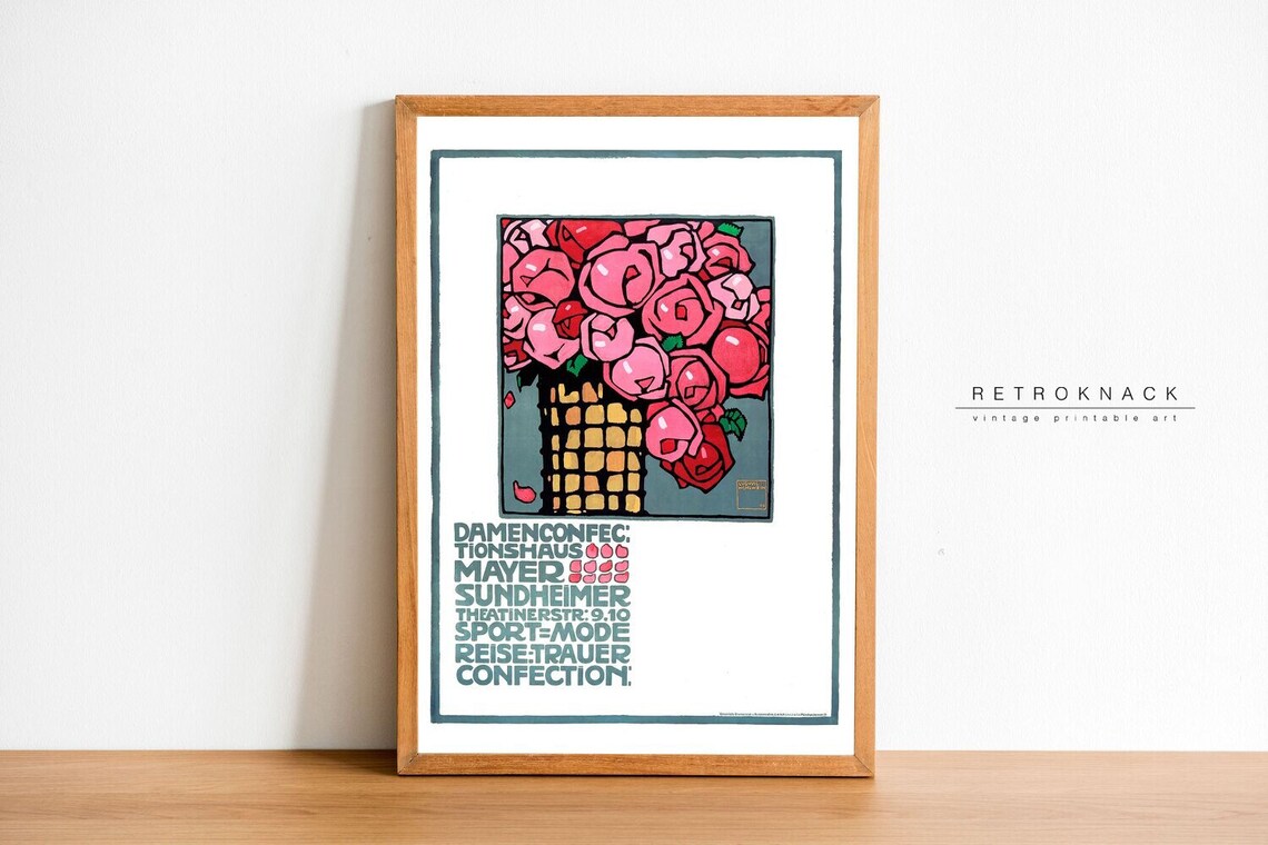Hohlwein Roses German Ad Pink Bouquet Vintage Floral Art Poster - Image 2