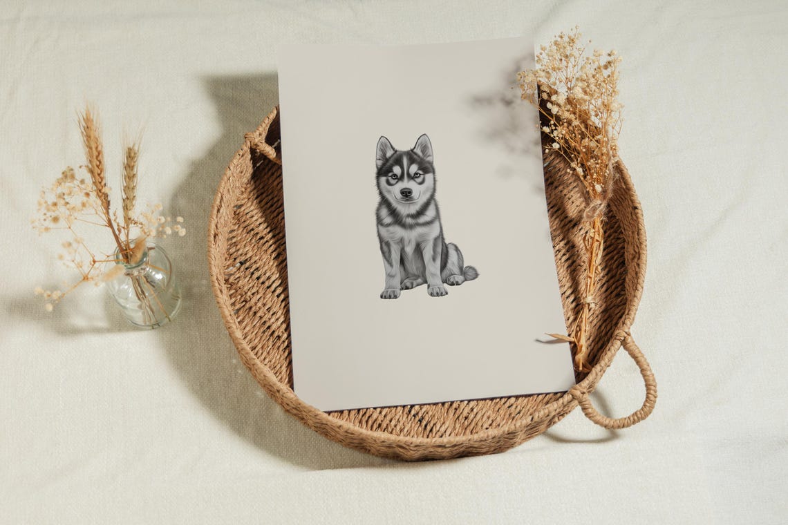 Siberian Husky Puppy Sitting Portrait Minimalist Beige Dog Poster - Image 2