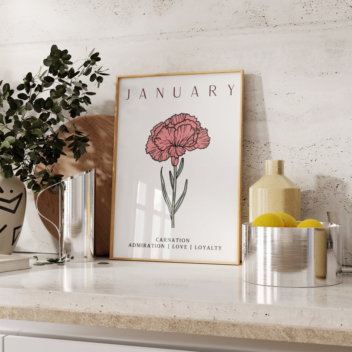 January Birth Flower Carnation Love Loyalty Botanical Art Poster - Image 3