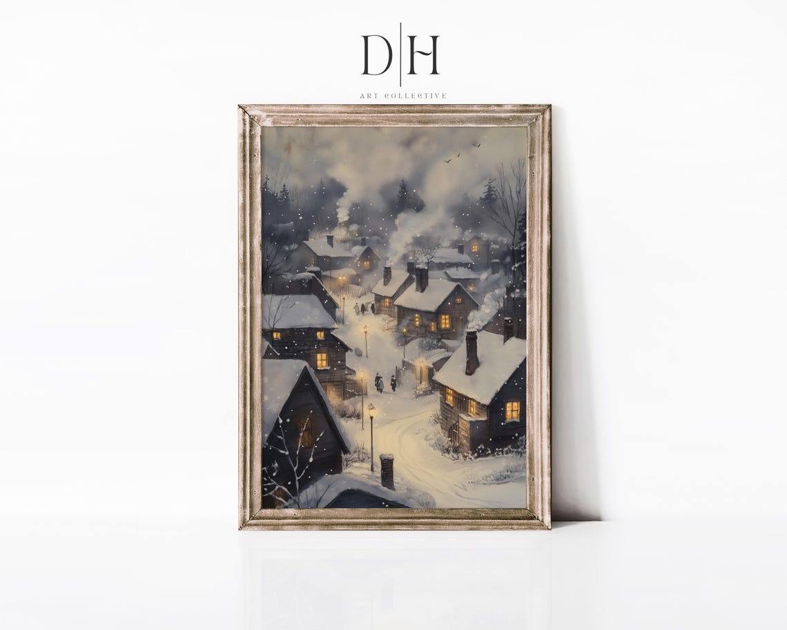 Snowy Village Night Glowing Windows Falling Snow Cozy Winter Poster