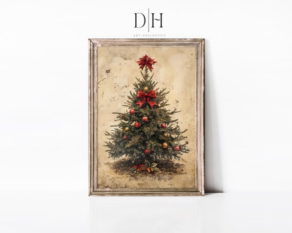 Vintage Christmas Tree Art Print Christmas Wall Art Xmas Holiday Decor Moody Evergreen Tree Painting