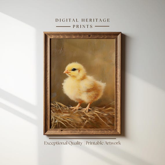 Cute Chicken Art Print Cottagecore Wall Art Yellow Chick Vintage Oil Painting Antique Aesthetic Spring Decor Print